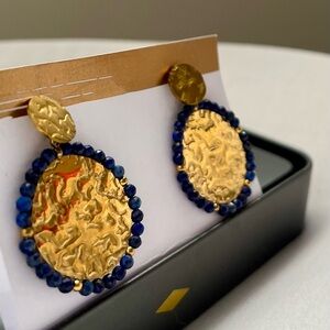Gold and Blue Beaded Earrings